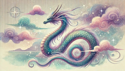 Chinesischer Drache mit Hörnern auf rosa Wolken – Ein magischer Drache mit geschwungenen Hörnern windet sich durch eine wolkige, verträumte Kulisse in Pastellfarben.