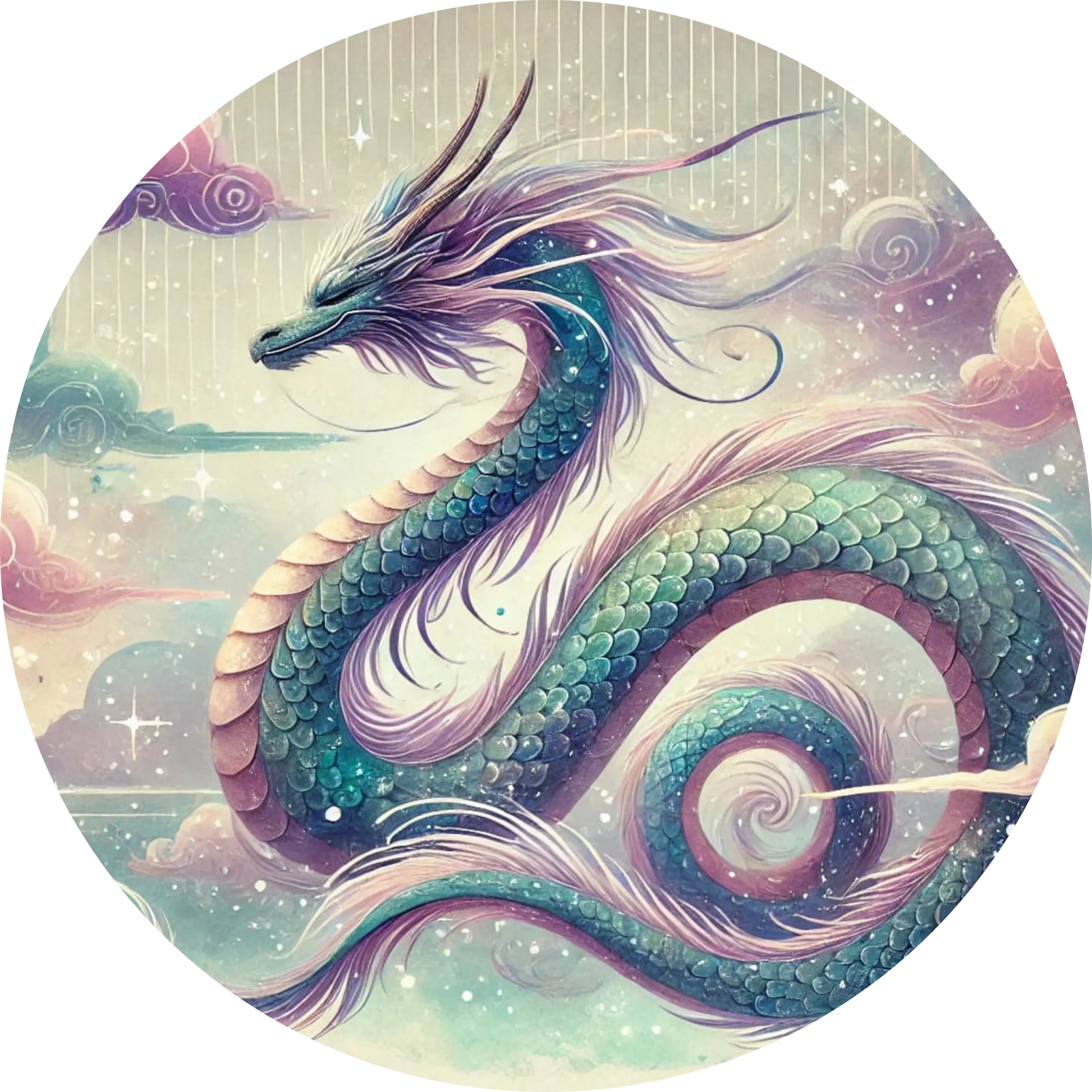 Orientalischer, geschwungener, schlangenartiger Drache mit goldener und blauen Schuppen 