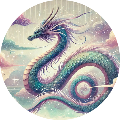 Orientalischer, geschwungener, schlangenartiger Drache mit goldener und blauen Schuppen 