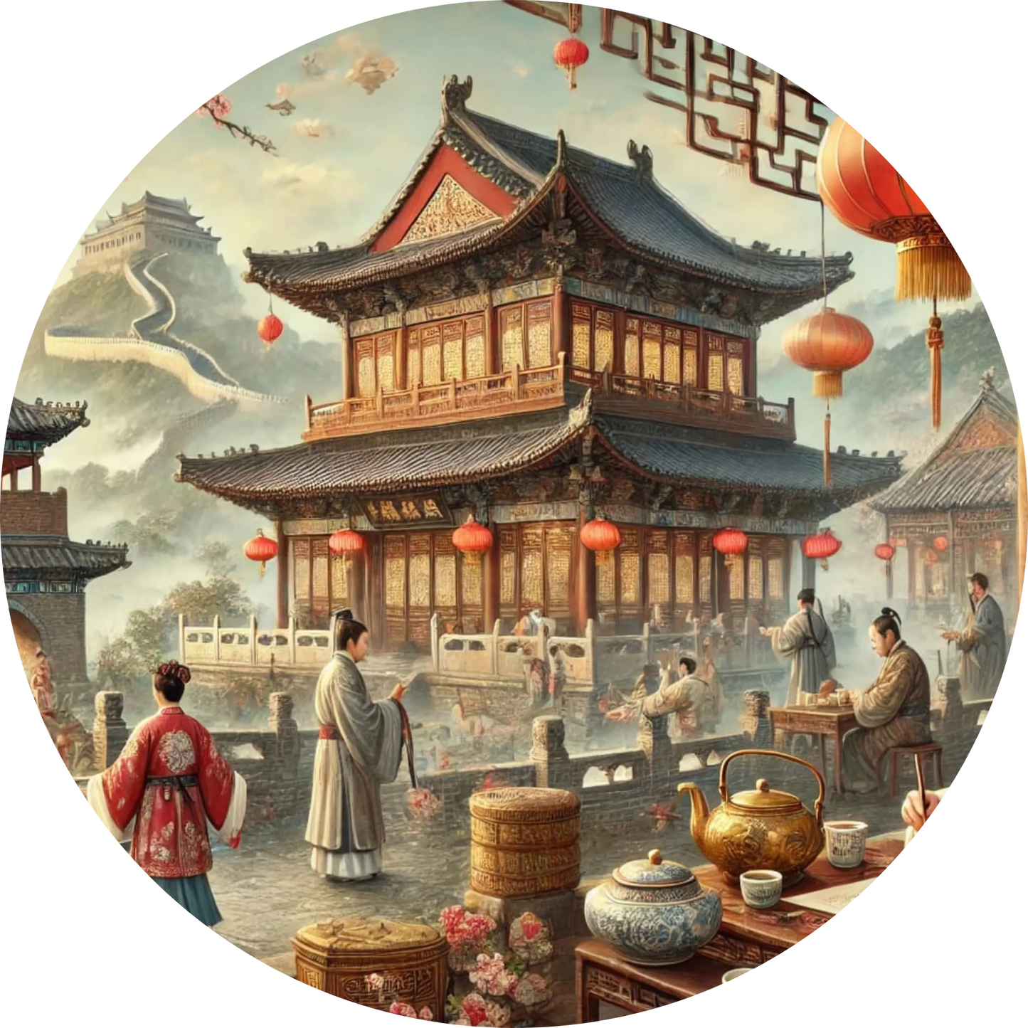  Tempel mit chinesischer Architektur und Marktleben – traditionell belebte Szene