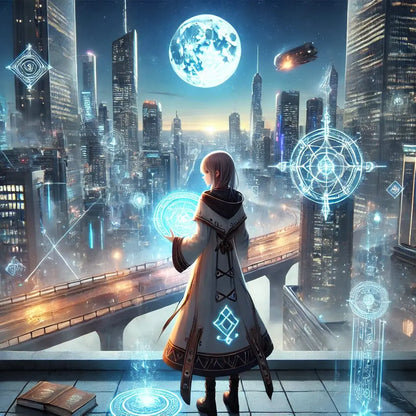 Eine Figur mit Kapuze steht auf einem Hochhaus in einer futuristischen Stadtlandschaft bei Nacht.