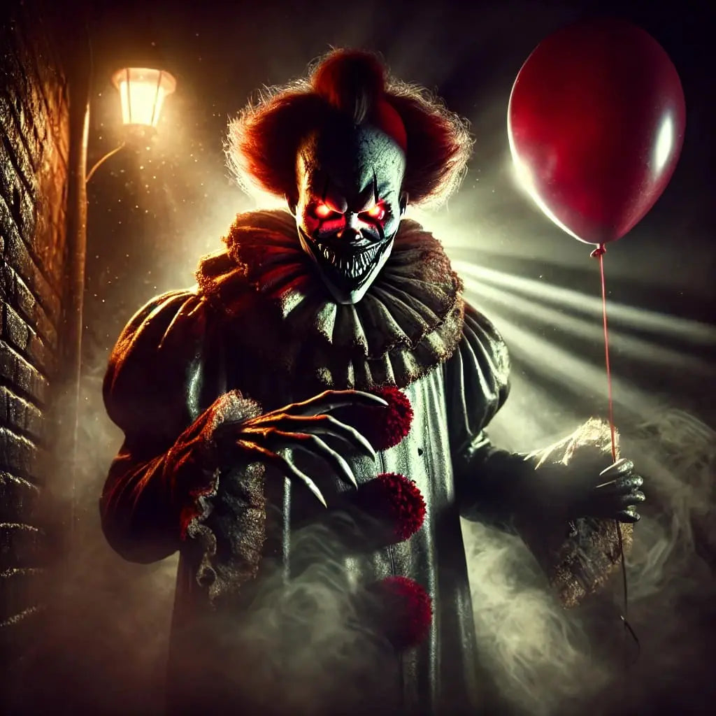 Grimmiger Horror-Clown mit blutverschmiertem Gesicht und rotem Ballon – bedrohlicher Blick direkt in die Kamera.
