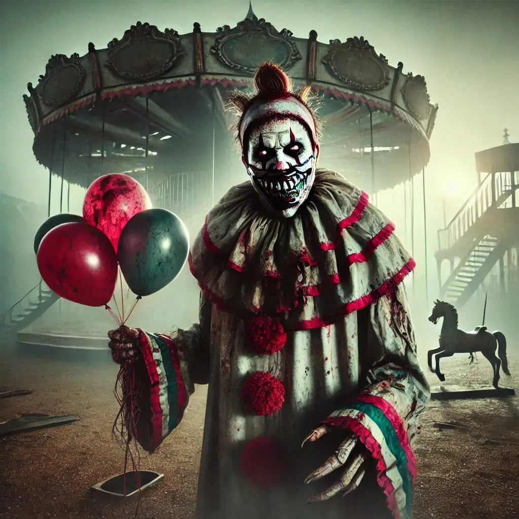 Albtraumhafter Clown mit Clownsschminke und Luftballons – erschreckend und grotesk in einer surrealen Szenerie