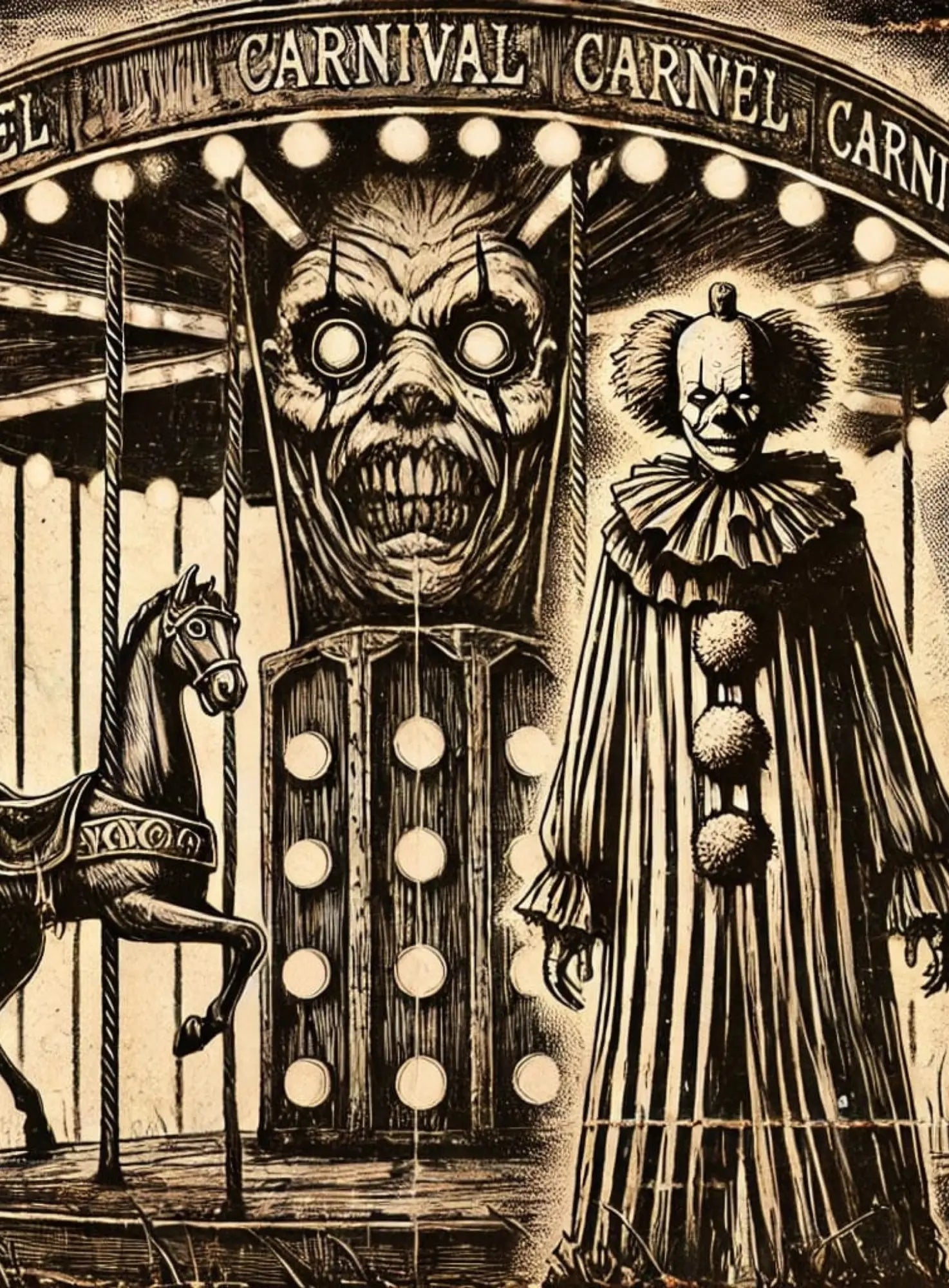 Unheimlicher Clown mit starrer Maske steht auf einem verlassenen Jahrmarkt – düstere Jahrmarktsstimmung mit Gruselfaktor.