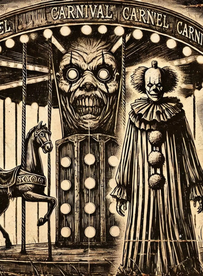 Unheimlicher Clown mit starrer Maske steht auf einem verlassenen Jahrmarkt – düstere Jahrmarktsstimmung mit Gruselfaktor.