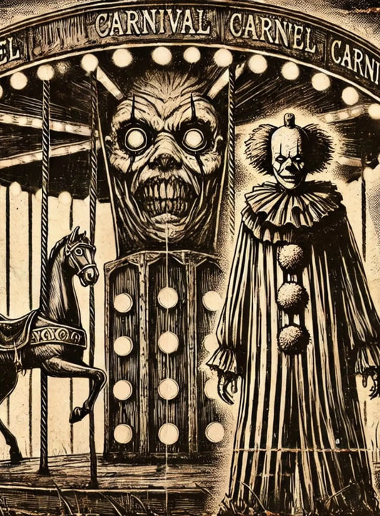 Unheimlicher Clown mit starrer Maske steht auf einem verlassenen Jahrmarkt – düstere Jahrmarktsstimmung mit Gruselfaktor.