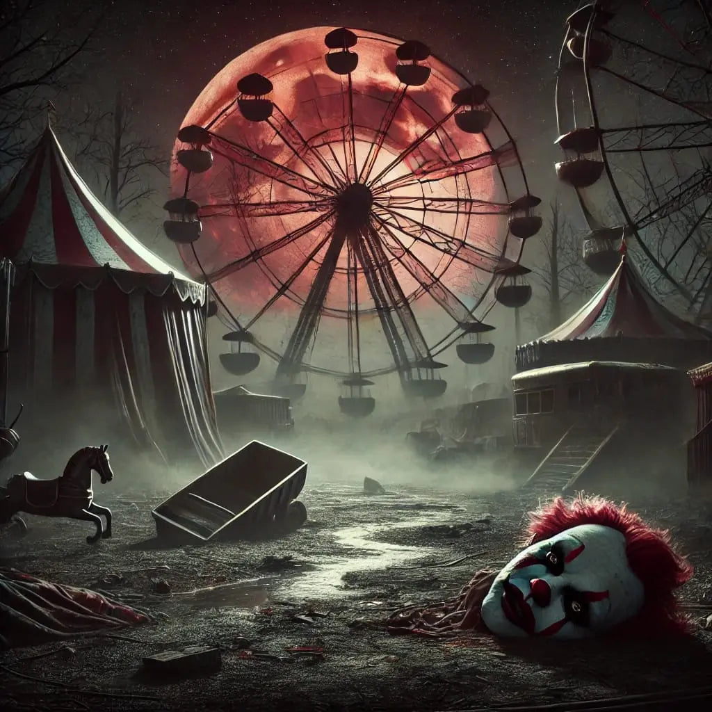 „Makabere Szene auf einem düsteren Friedhof: Ein verlassener Jahrmarkt mit Karussell steht im Licht eines blutroten Mondes. Im Vordergrund liegt ein abgetrennter Kopf auf dem Boden – eine surreale Mischung aus Horror, Groteske und düsterem Wahnsinn.