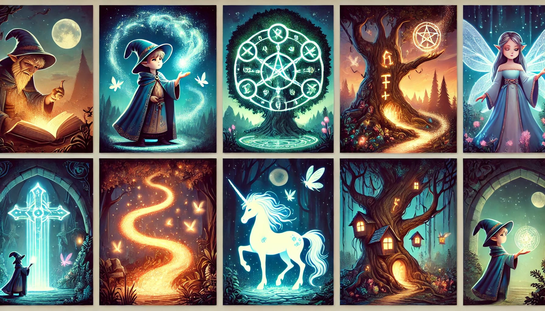 Collage aus magischen Symbolen, Zauberern, Kristallen und mystischen Tieren.