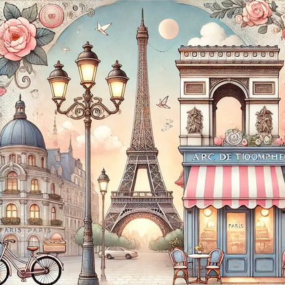 Frankreich-Collage mit Eiffelturm, Café und Streetlampen – Romantisches Paris-Motiv mit Details im Retro-Stil.