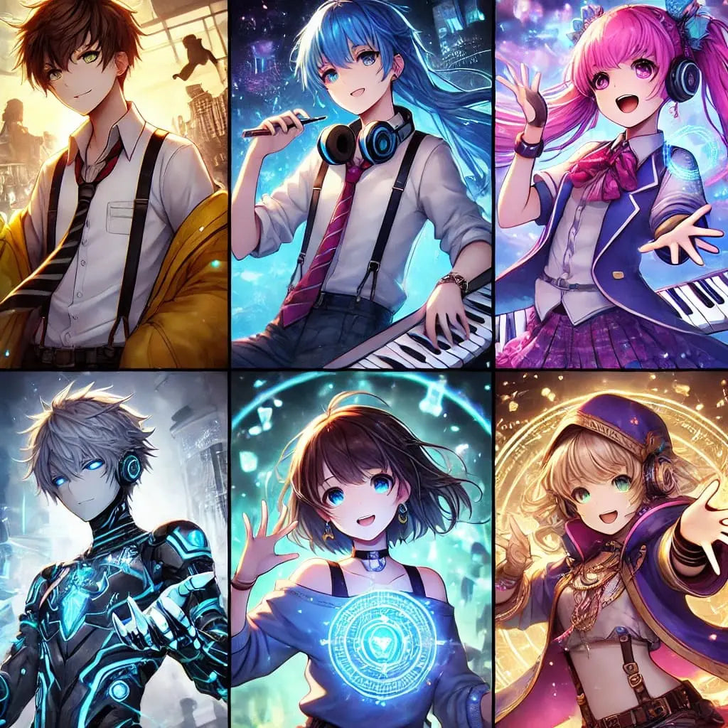 Collage aus futuristischen Manga-Girls mit Instrumenten und Tech-Accessoires.