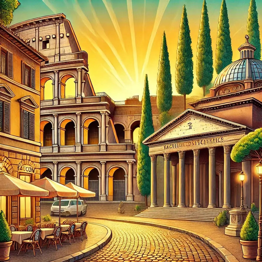 Straßenszene in Rom mit Kolosseum und antiken Gebäuden – Illustration im Vintage-Stil mit warmen Farben und italienischem Flair.