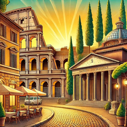 Straßenszene in Rom mit Kolosseum und antiken Gebäuden – Illustration im Vintage-Stil mit warmen Farben und italienischem Flair.