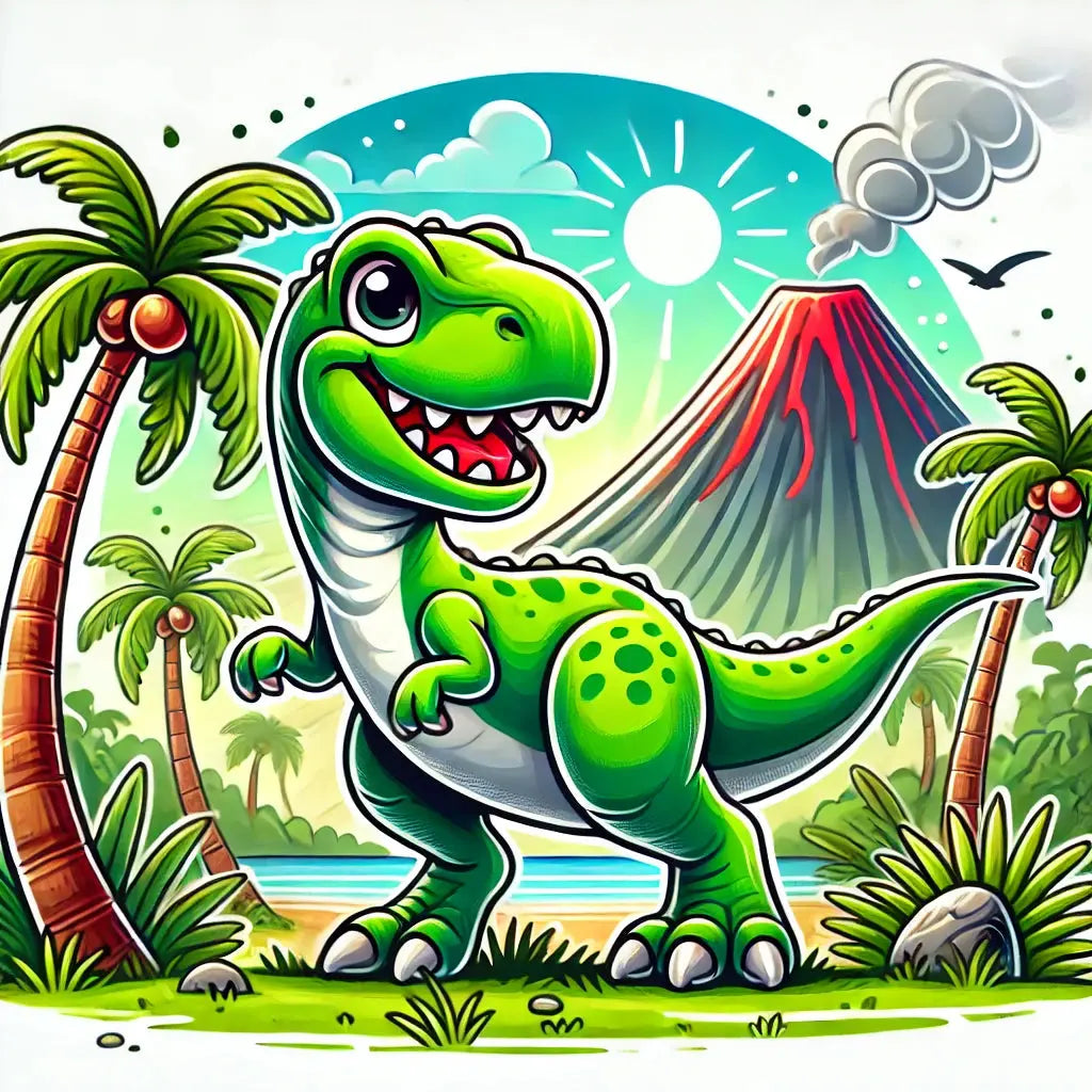 Grüner Dino mit Zähnen posiert vor Vulkan und Palmen in Comicstil