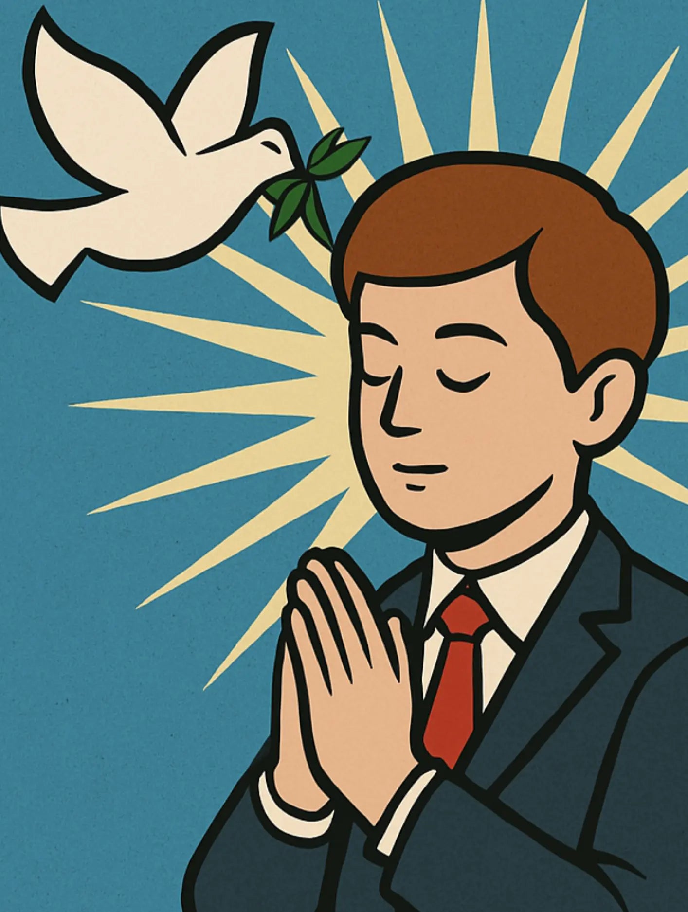 Junge in Anzug betet unter stilisierter Taube – Comicstil zur Konfirmation