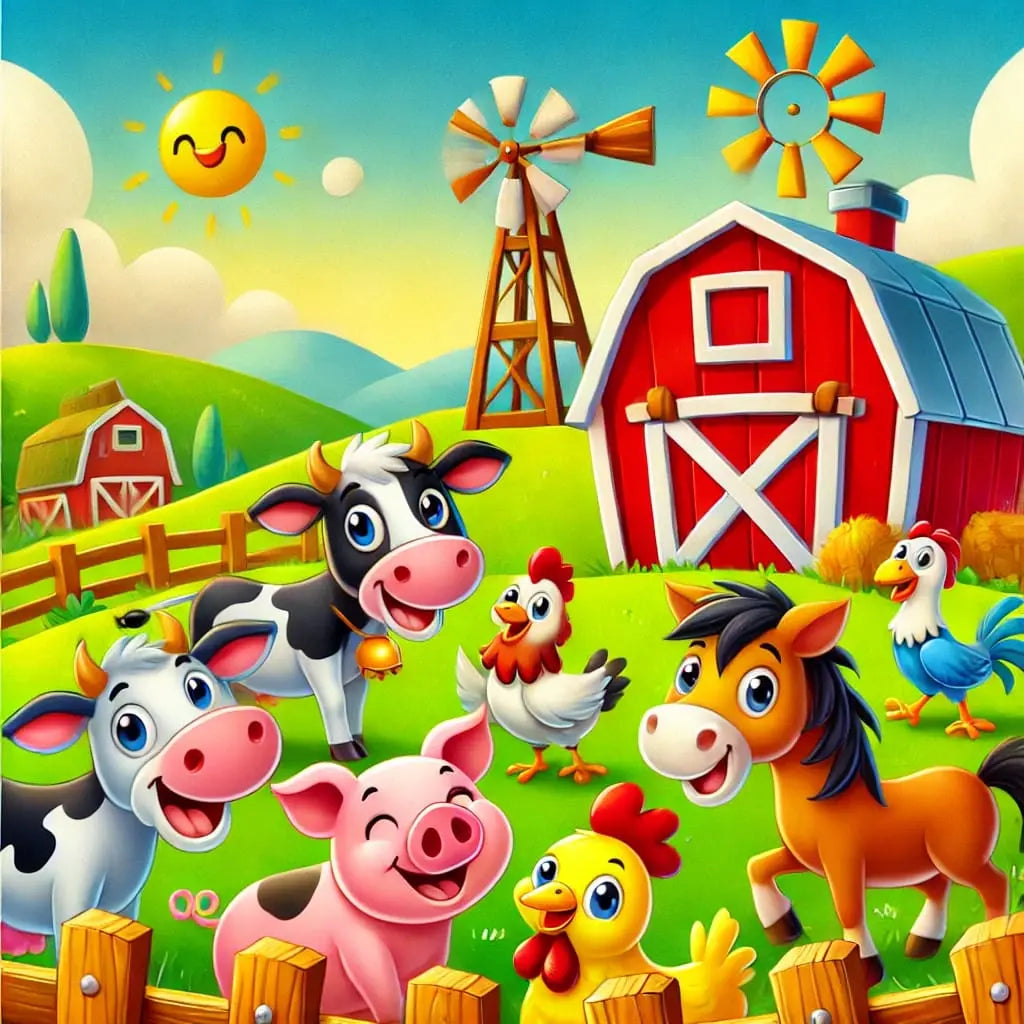 Bunte Bauernhof-Tiere vor einer roten Scheune mit Windmühle.