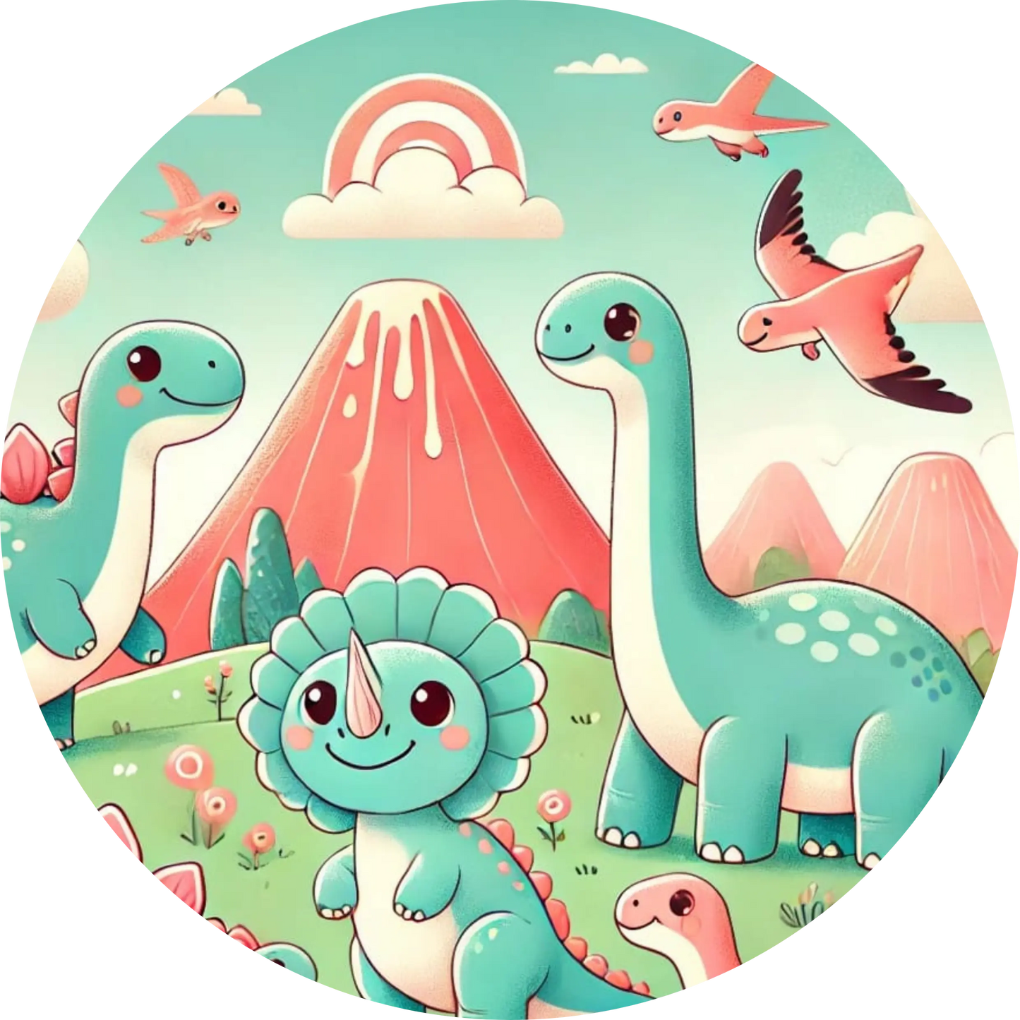 Verspielte Comic-Dinos vor rosa Bergen mit Regenbogen