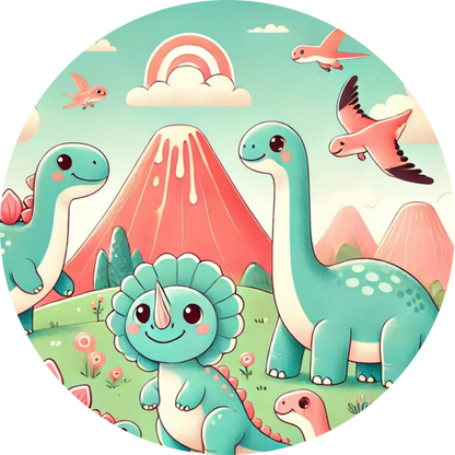 Verspielte Comic-Dinos vor rosa Bergen mit Regenbogen