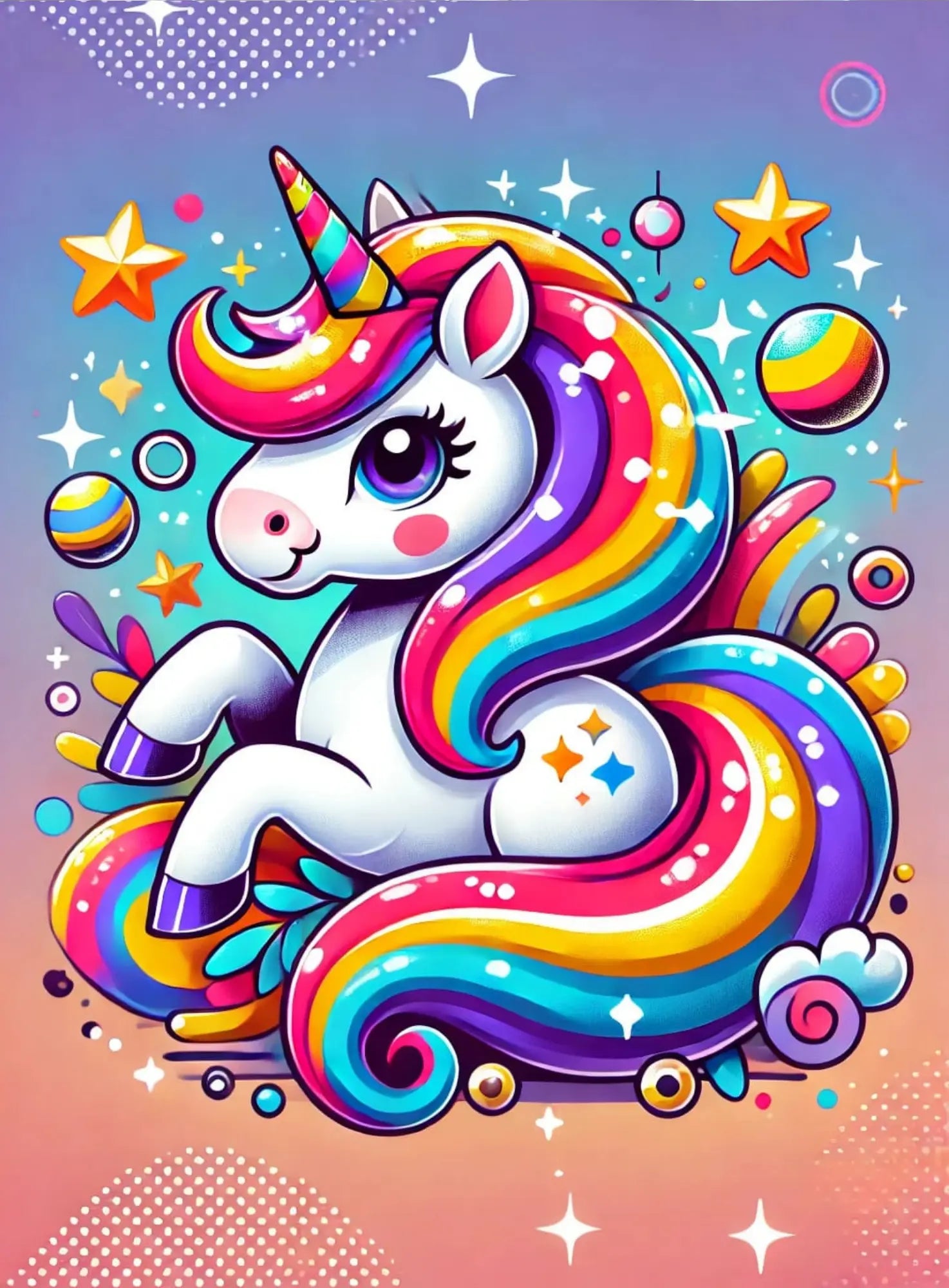 Buntes Comic-Einhorn mit Sternen auf pinkem Hintergrund – kindlich-verspieltes Design im Cartoon-Stil.