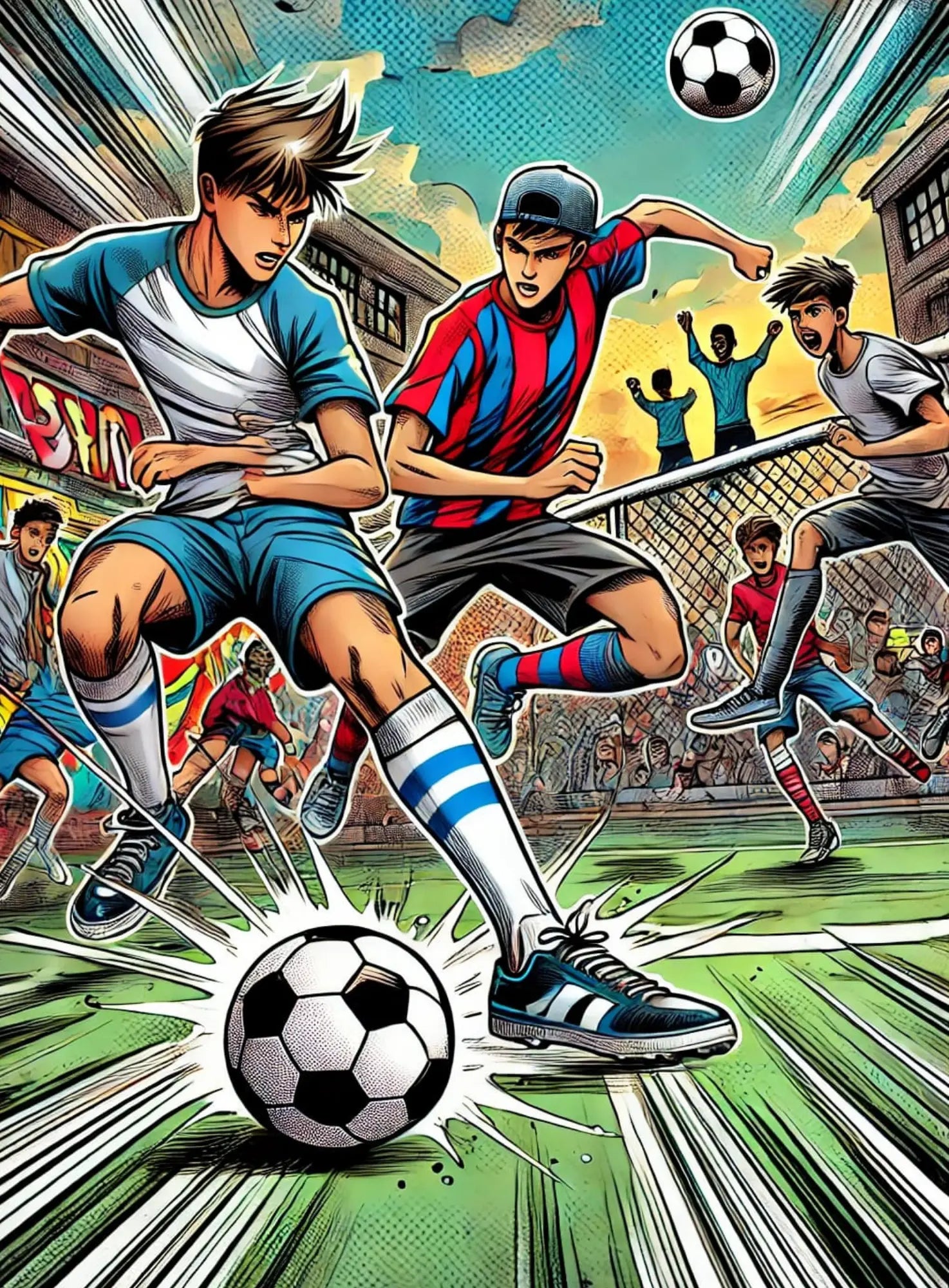 Actionreiche Fußballszene mit Spielern in dynamischen Comic-Posen.
