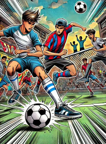 Actionreiche Fußballszene mit Spielern in dynamischen Comic-Posen.