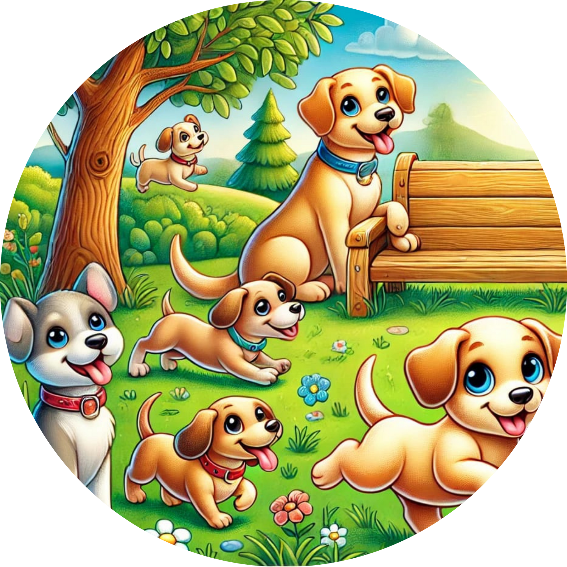 Gruppe fröhlicher Comic-Hunde auf einer Party – Geburtstagsfeier mit Luftballons und Konfetti im Kinderstil