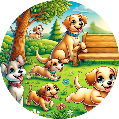 Gruppe fröhlicher Comic-Hunde auf einer Party – Geburtstagsfeier mit Luftballons und Konfetti im Kinderstil