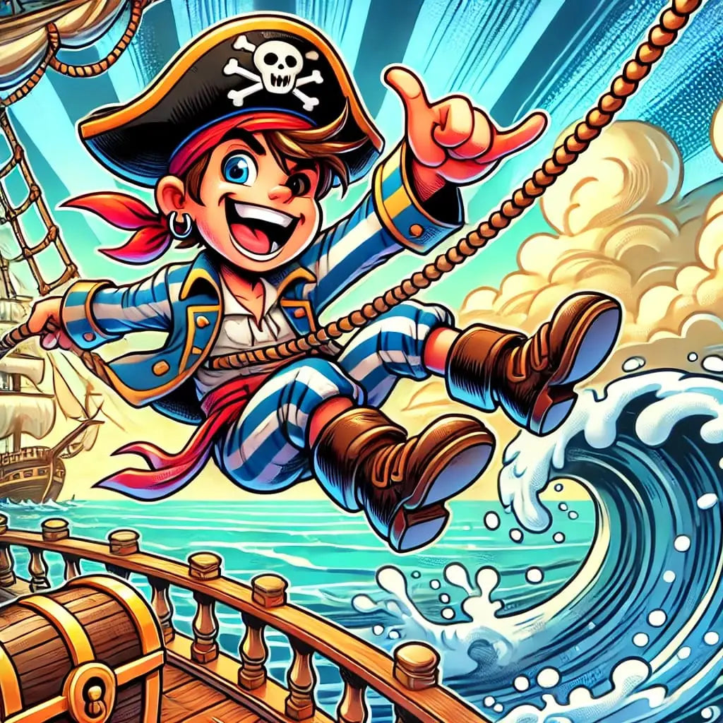 Comic-Pirat surft fröhlich auf einer Kanone übers Wasser