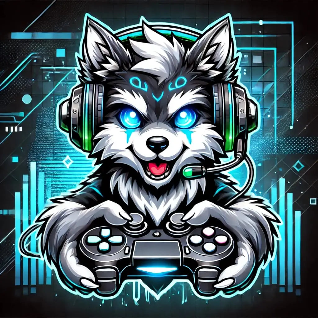 Wolf mit Gamecontroller – Ein stilisierter Wolf mit einem Gamecontroller in den Pfoten, umgeben von Gaming-Symbolen im Tech-Stil.