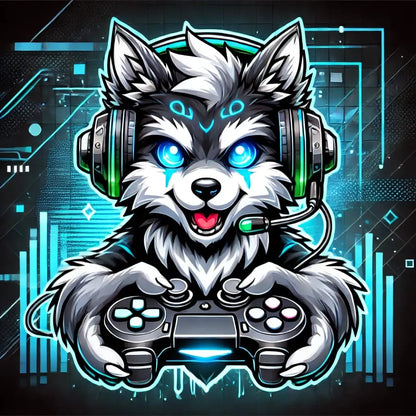 Wolf mit Gamecontroller – Ein stilisierter Wolf mit einem Gamecontroller in den Pfoten, umgeben von Gaming-Symbolen im Tech-Stil.