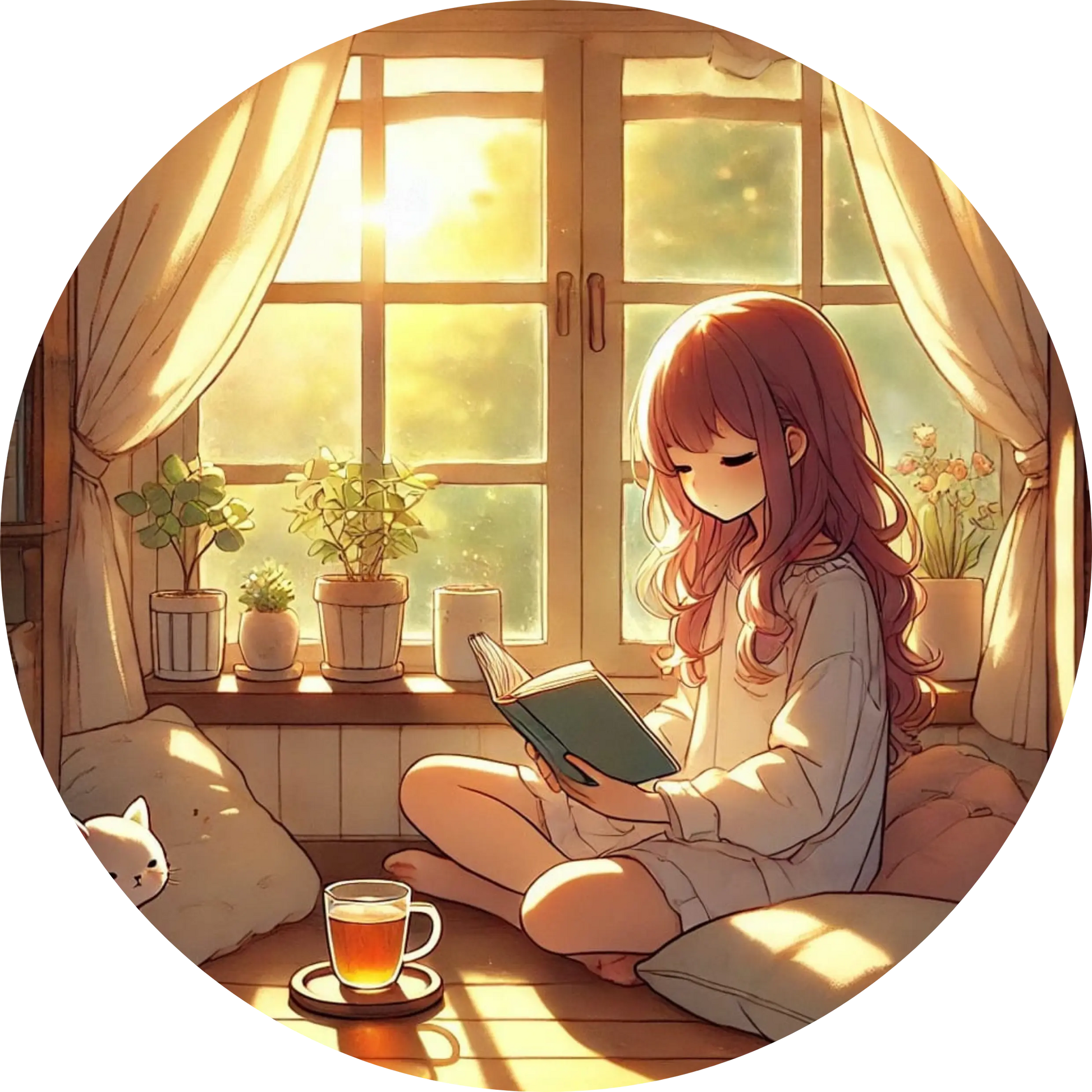 Mädchen liest Manga mit Tee am Fenster im cozy Alltagsstil