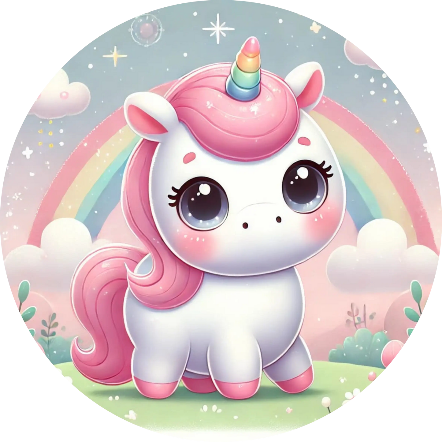 1Niedliches Einhorn mit großen Kulleraugen vor pastellfarbenem Hintergrund
