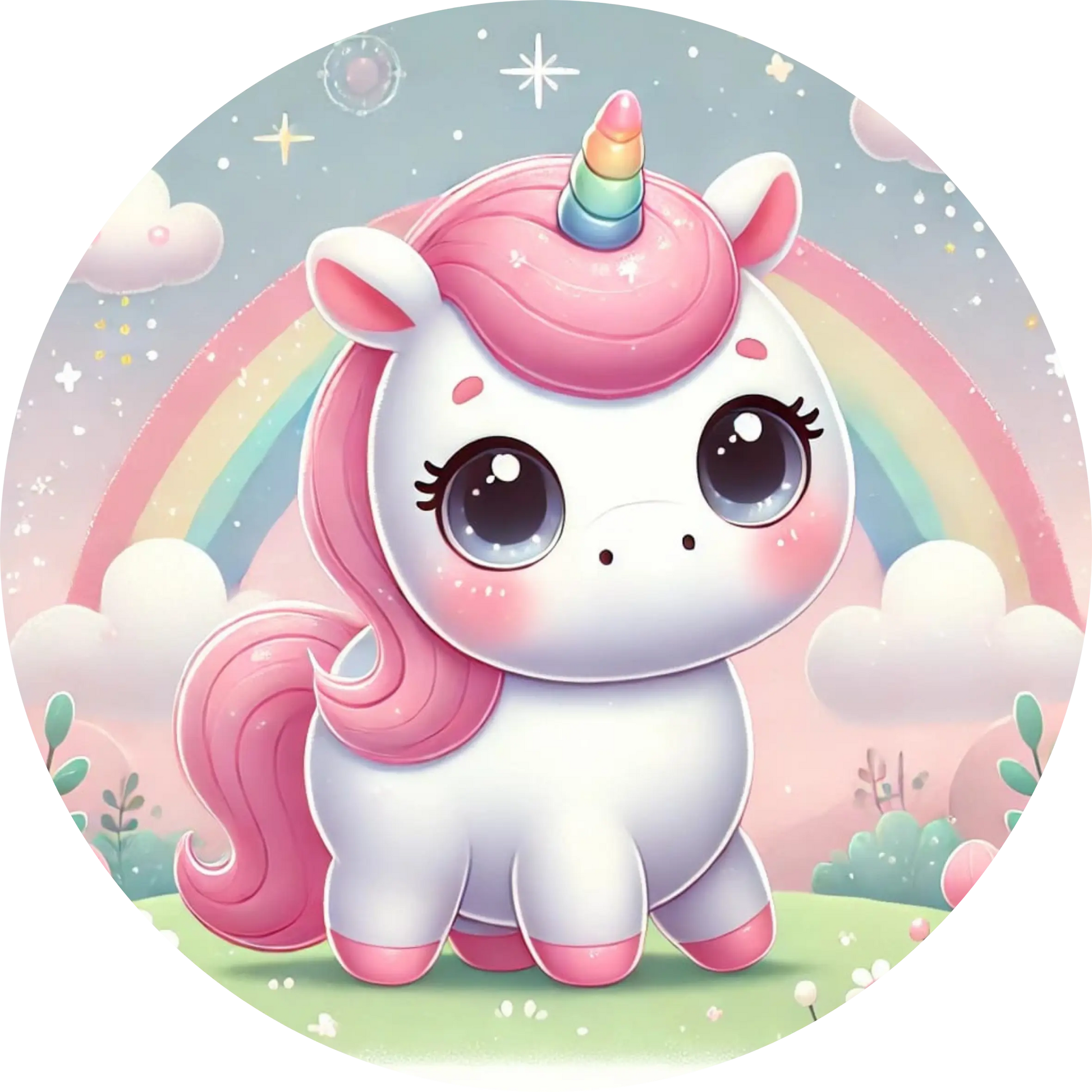 1Niedliches Einhorn mit großen Kulleraugen vor pastellfarbenem Hintergrund
