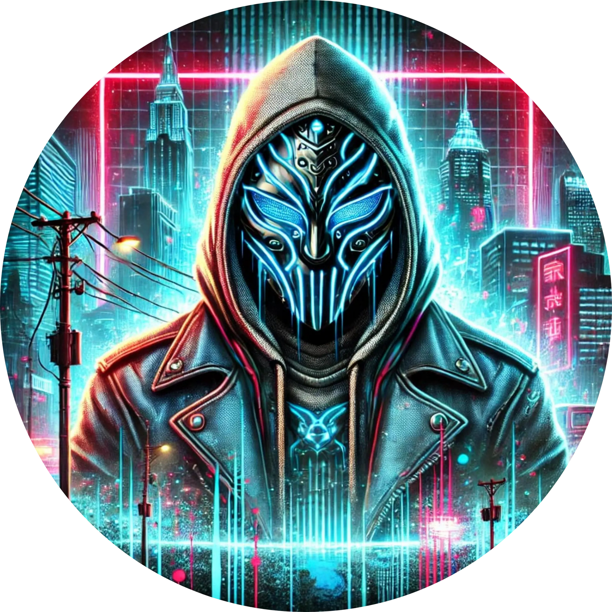 Vermummter Hacker mit Neonmaske in einer digitalen Cyberpunk-Stadt

