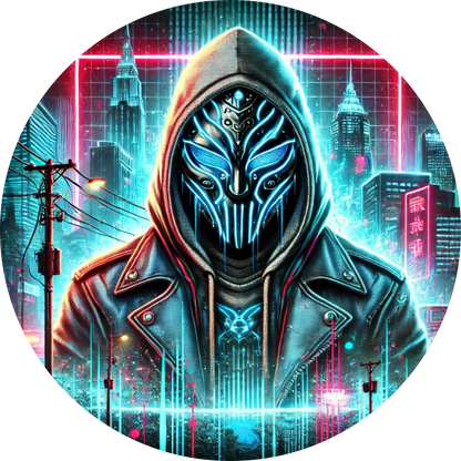 Vermummter Hacker mit Neonmaske in einer digitalen Cyberpunk-Stadt
