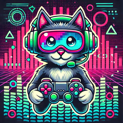 Cyberkatze mit Kopfhörern – Cartoonhafte, techno-futuristische Katze mit Kopfhörern und cooler Neonoptik.