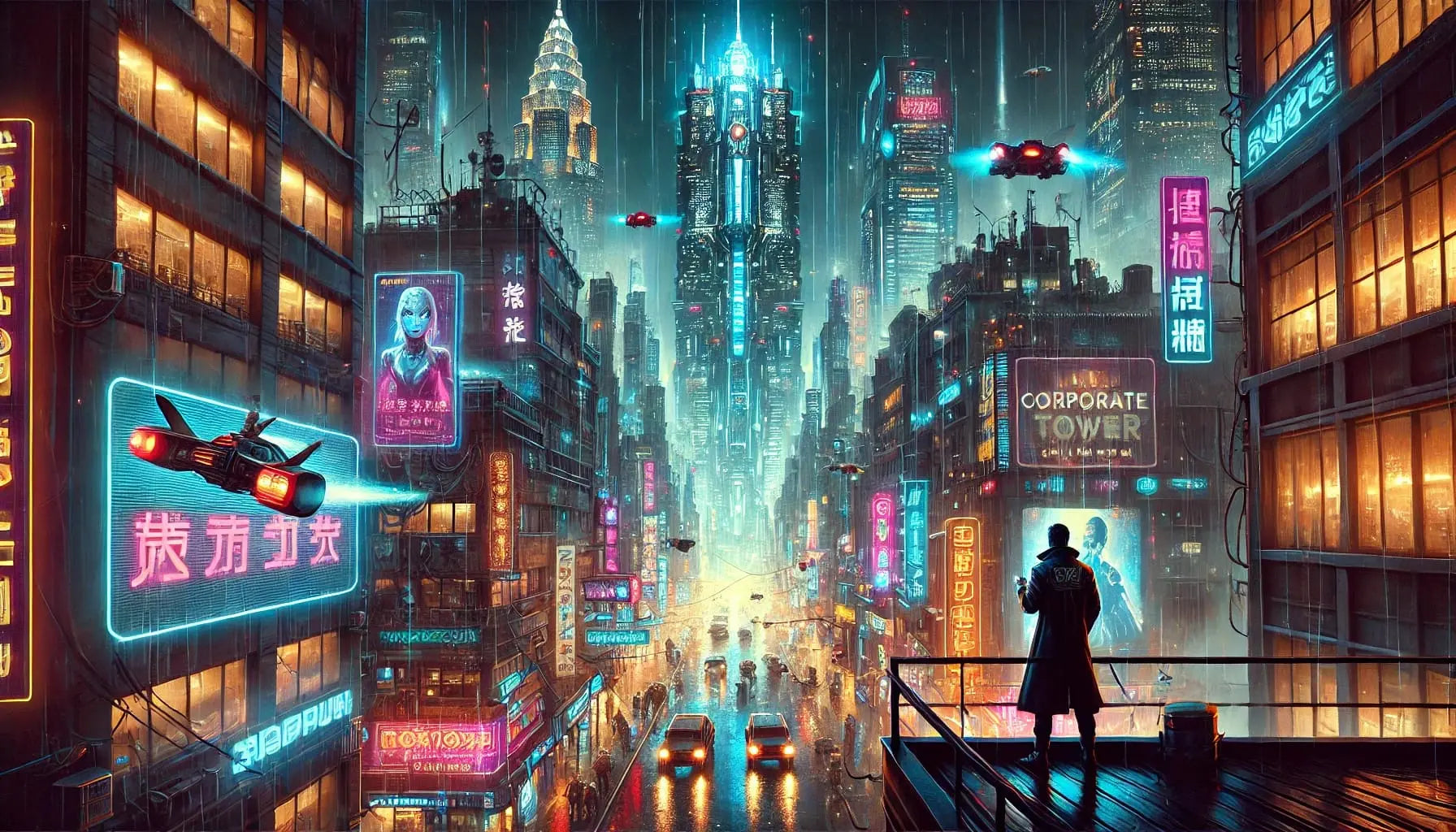 Cyberpunk-Straße mit Neonreklame und futuristischen Gebäuden – Stimmungsvolle Darstellung urbaner Sci-Fi-Atmosphäre.