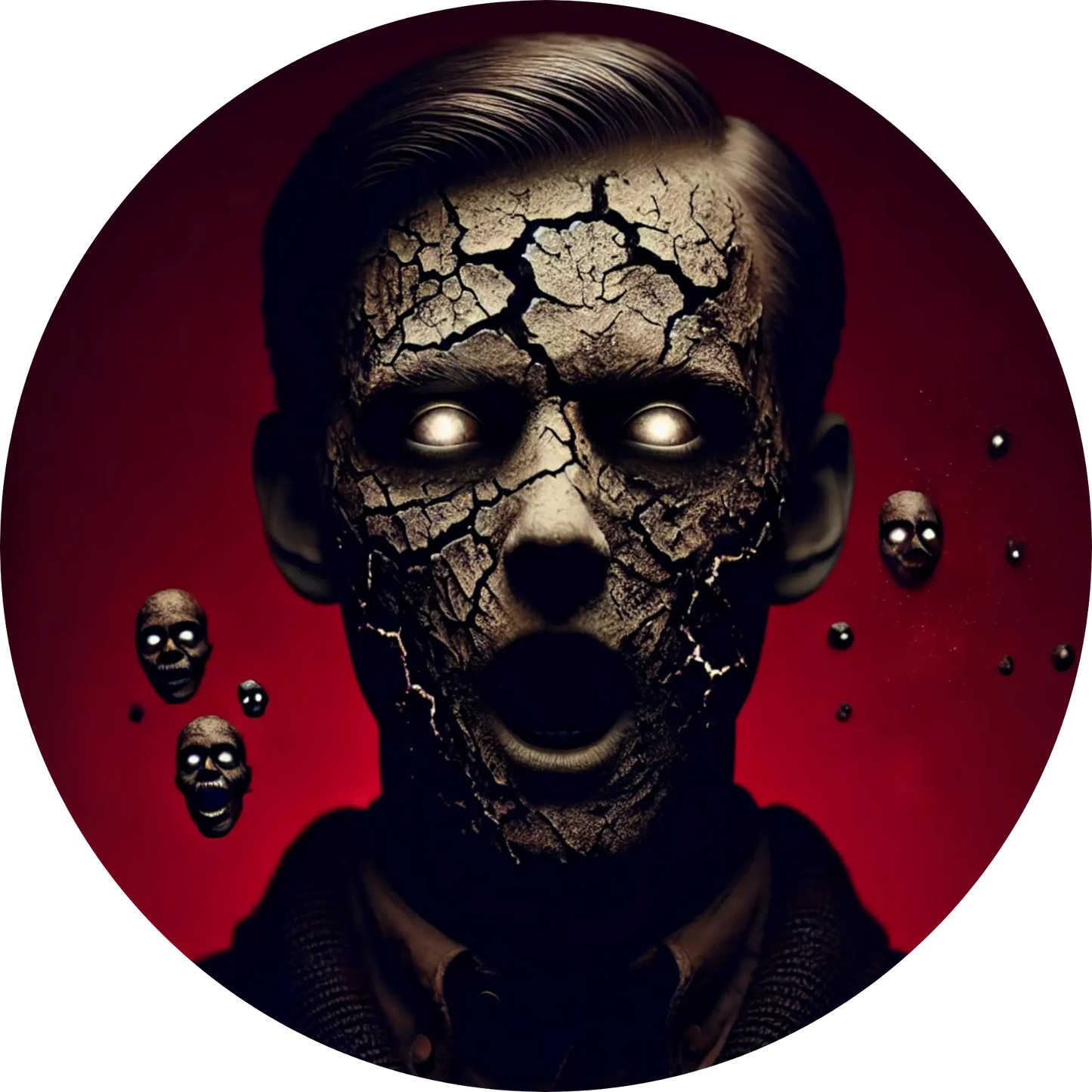 Cyborg-ähnliches Gesicht mit metallischen Details und ausdruckslosem Blick
