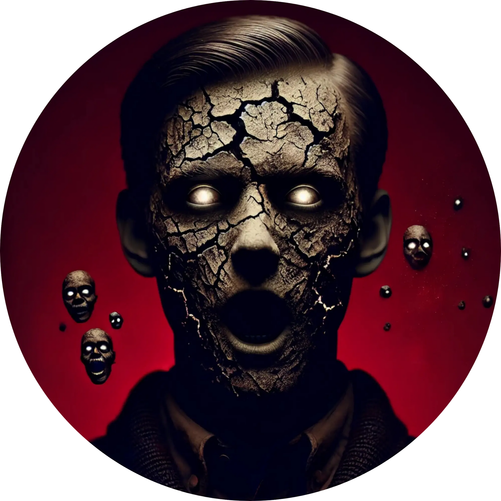 Cyborg-ähnliches Gesicht mit metallischen Details und ausdruckslosem Blick
