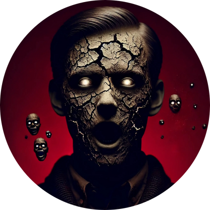 Cyborg-ähnliches Gesicht mit metallischen Details und ausdruckslosem Blick
