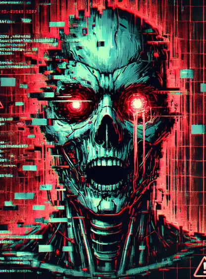 Mutierter Cyborg-Zombie mit glühend roten Augen und metallischen Stacheln – groteskes Sci-Fi-Horrordesign.
