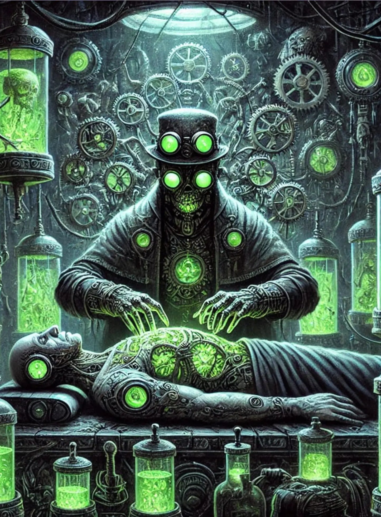 Mystische Cyborg-Gestalt in Meditationspose, umgeben von grünen Neonlichtern und dystopischer Technik.