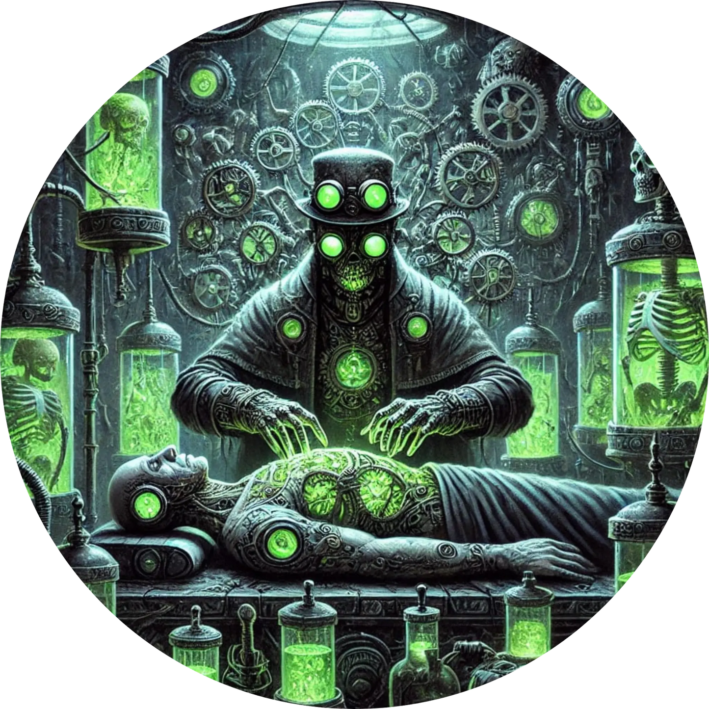 Grüne Cyborg-Figur mit Schläuchen und Kontrollpult in Frankenstein-Labor