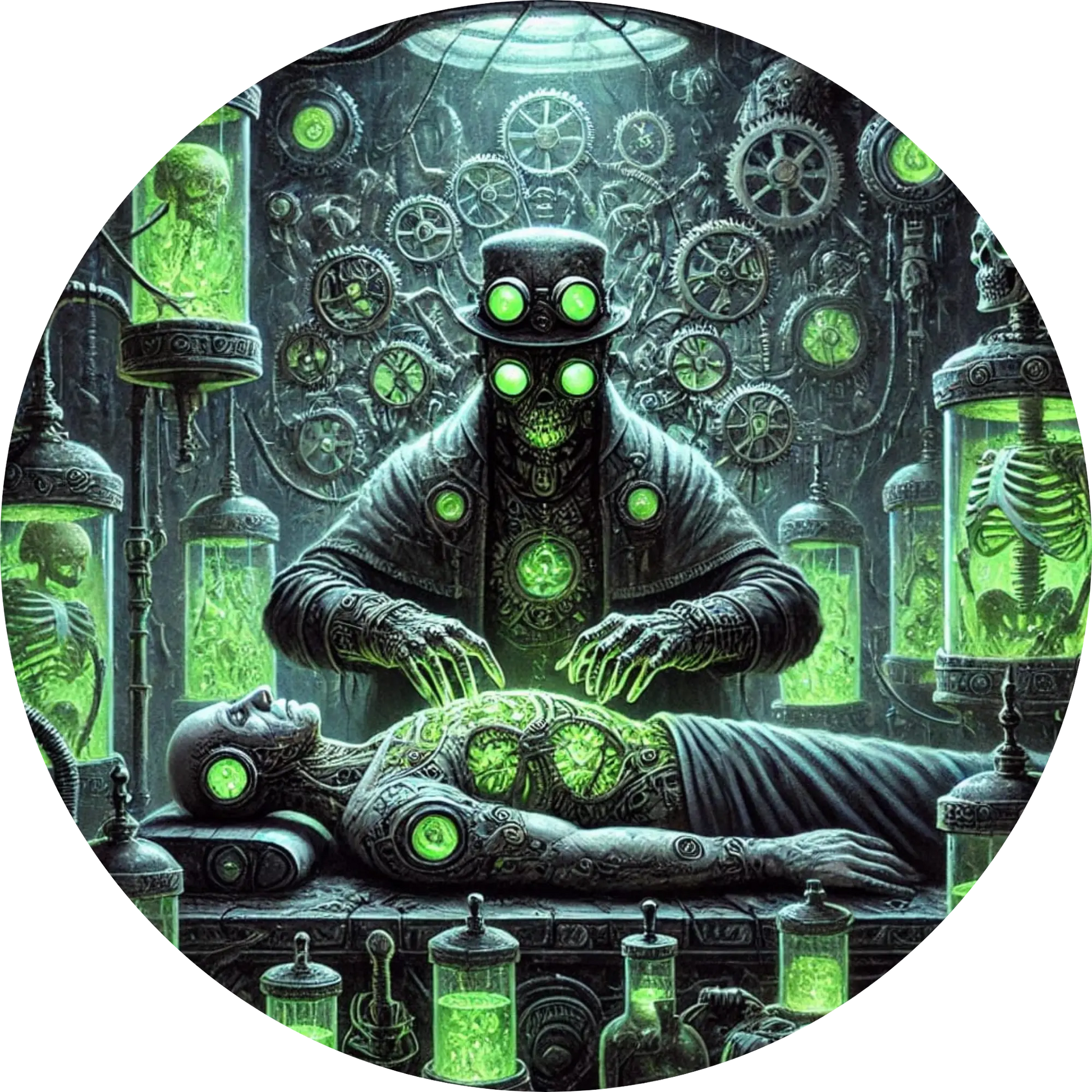 Grüne Cyborg-Figur mit Schläuchen und Kontrollpult in Frankenstein-Labor