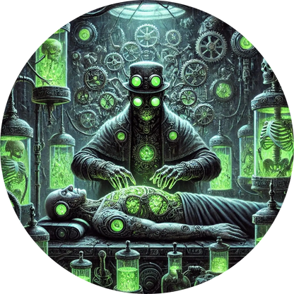 Grüne Cyborg-Figur mit Schläuchen und Kontrollpult in Frankenstein-Labor