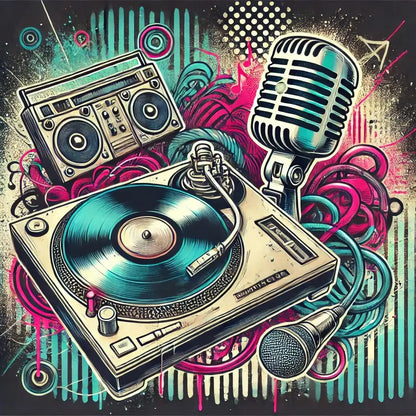 DJ-Set mit Mikrofon und Lautsprechern – Retro-DJ-Setup mit Plattenspieler, Mikro und bunten Lichtpunkten.