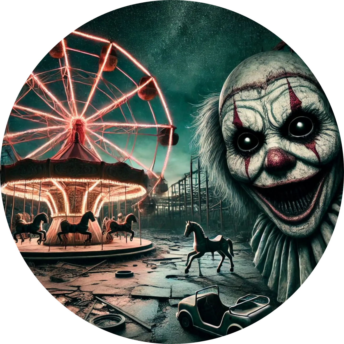 Dämonischer Clown vor einem verfallenen Rummelplatz bei Nacht