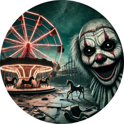 Dämonischer Clown vor einem verfallenen Rummelplatz bei Nacht