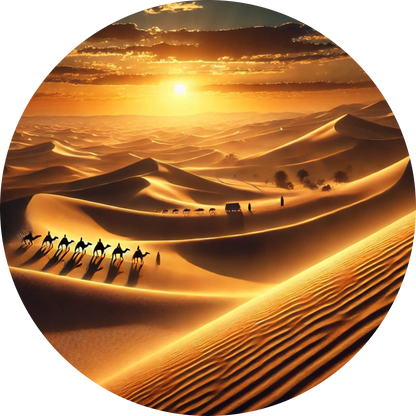 Goldene Sanddünen in der Abendsonne mit einer Kamelkarawane und weichen Schatten.