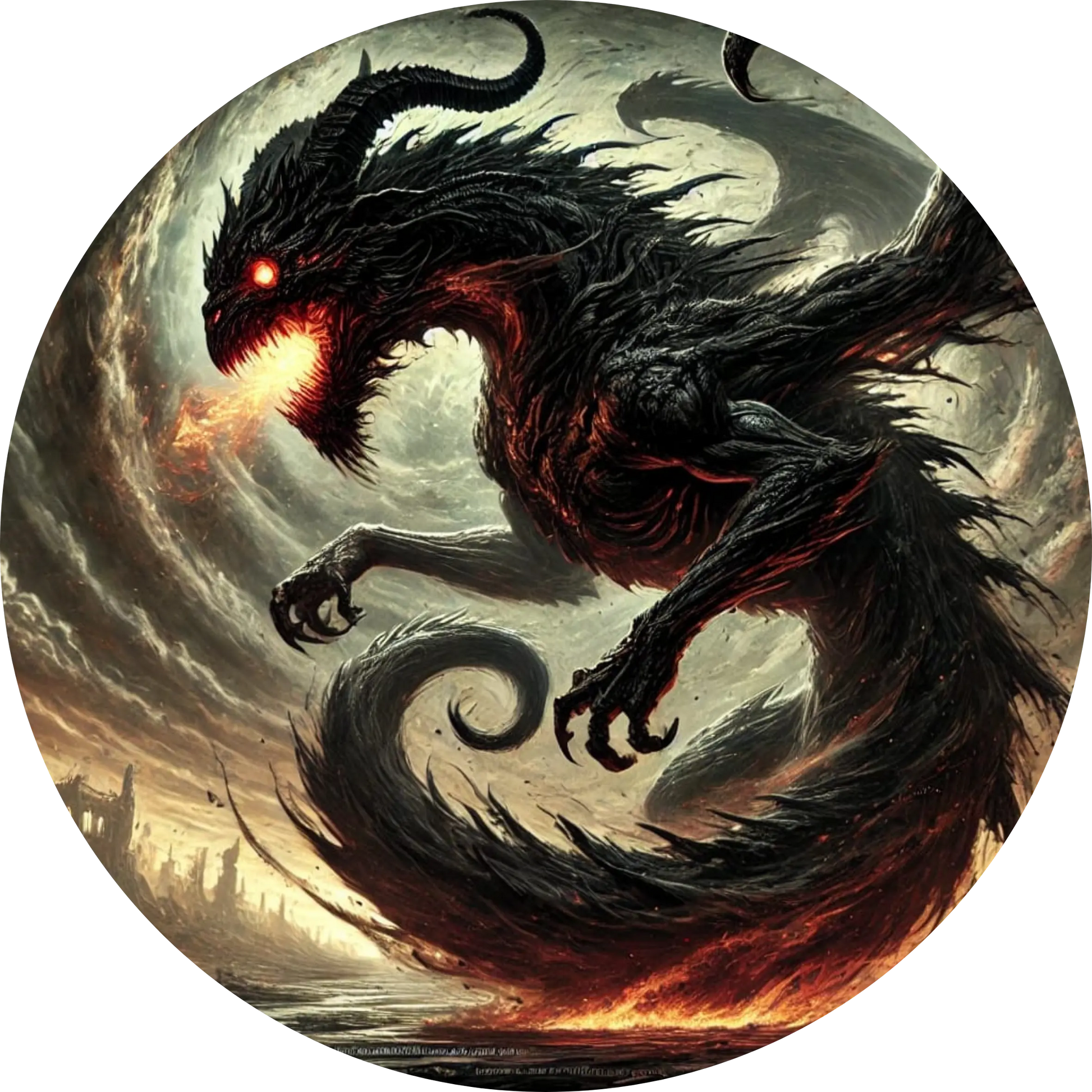 Schwarzer Drache mit glühenden Augen auf Felsplateau