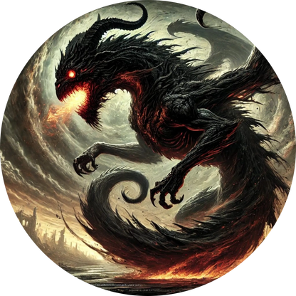 Schwarzer Drache mit glühenden Augen auf Felsplateau